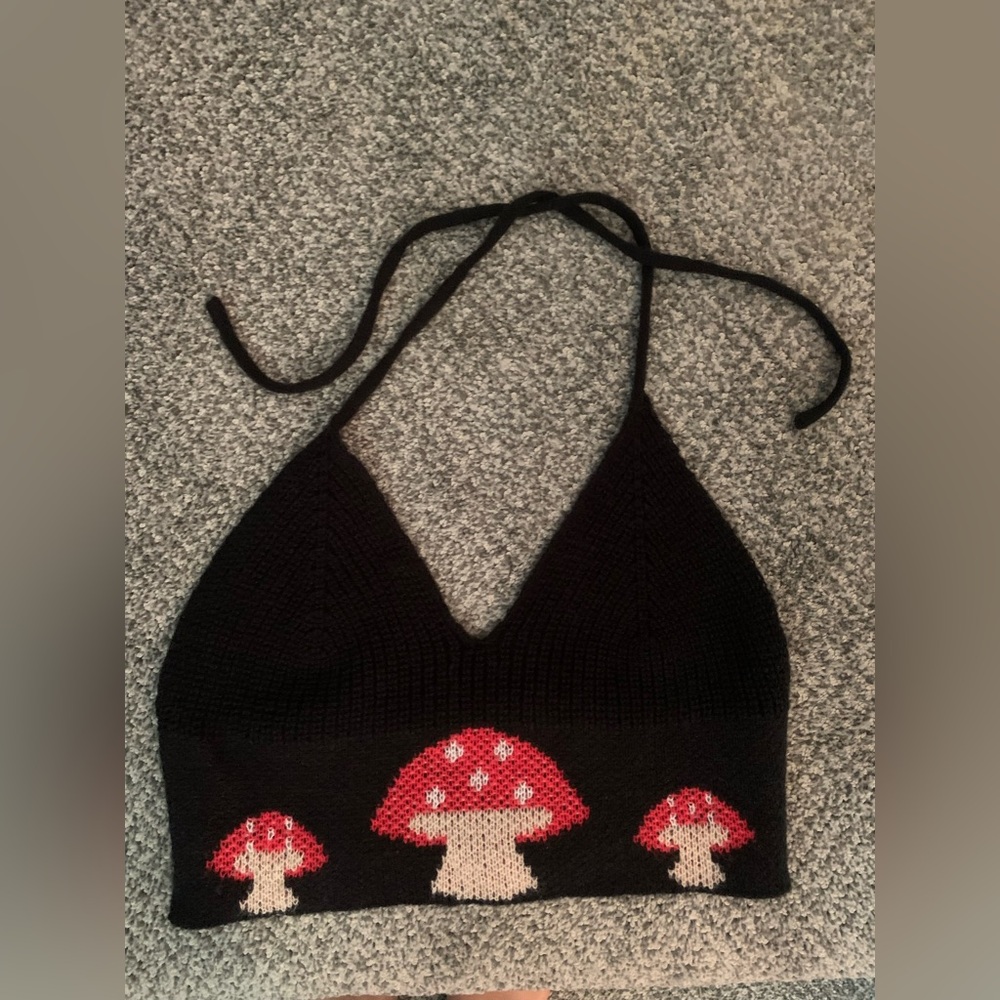 Black Halter Top with Red Mushroom Design
